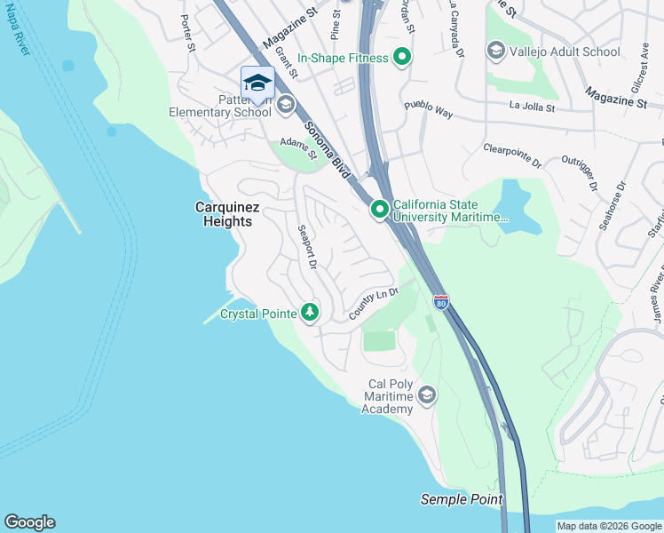map of restaurants, bars, coffee shops, grocery stores, and more near 75 Sandy Drive in Vallejo