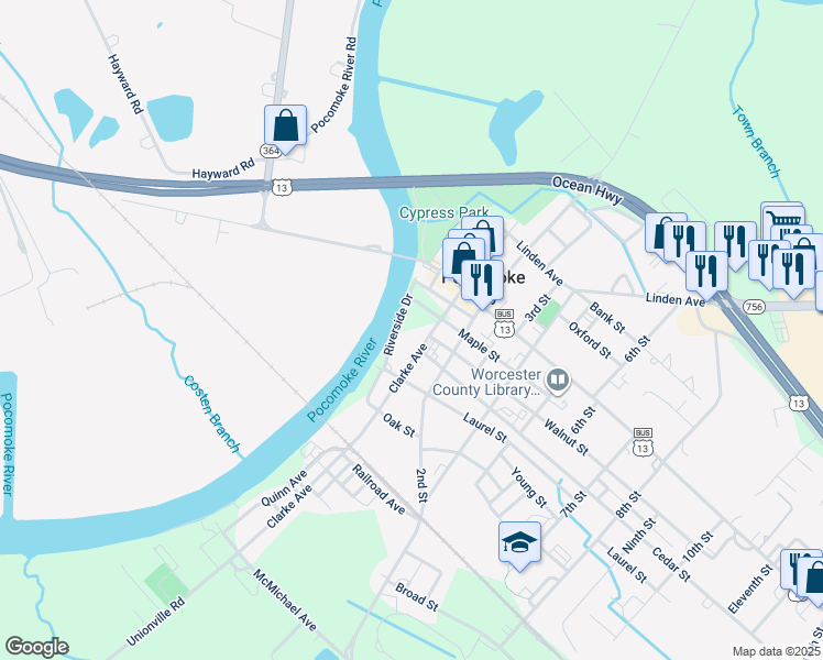 map of restaurants, bars, coffee shops, grocery stores, and more near 114 Maple Street in Pocomoke City