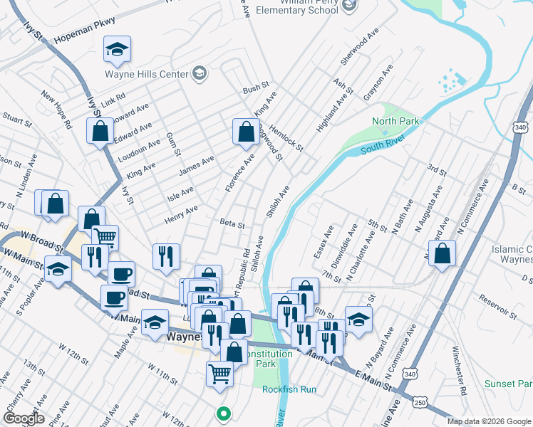 map of restaurants, bars, coffee shops, grocery stores, and more near 301-309 Shiloh Avenue in Waynesboro