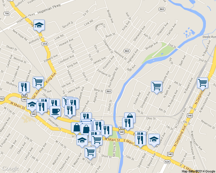 map of restaurants, bars, coffee shops, grocery stores, and more near 306 Smith Street in Waynesboro