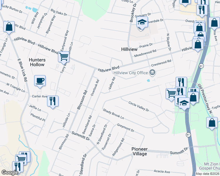 map of restaurants, bars, coffee shops, grocery stores, and more near 205 Valley Road in Louisville