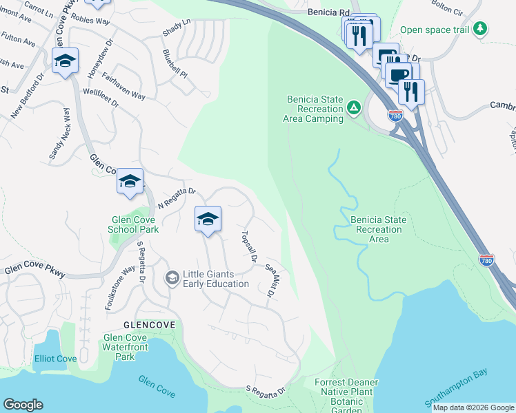 map of restaurants, bars, coffee shops, grocery stores, and more near 964 Topsail Drive in Vallejo