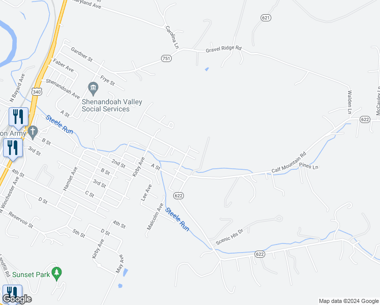 map of restaurants, bars, coffee shops, grocery stores, and more near 1800 Shenandoah Avenue in Waynesboro