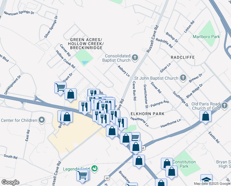 map of restaurants, bars, coffee shops, grocery stores, and more near 412 Saint John Court in Lexington