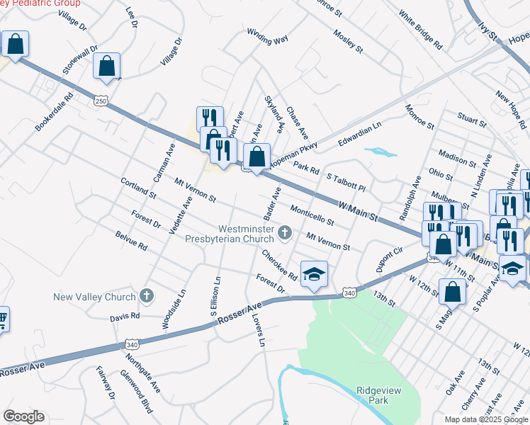 map of restaurants, bars, coffee shops, grocery stores, and more near 2001 Mount Vernon Street in Waynesboro