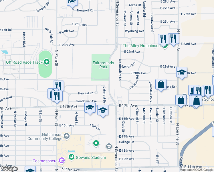 map of restaurants, bars, coffee shops, grocery stores, and more near 64 Faircrest Drive in Hutchinson