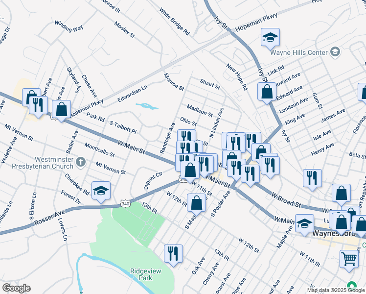 map of restaurants, bars, coffee shops, grocery stores, and more near 1607 Park Road in Waynesboro
