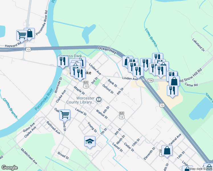 map of restaurants, bars, coffee shops, grocery stores, and more near 409 Oxford Street in Pocomoke City