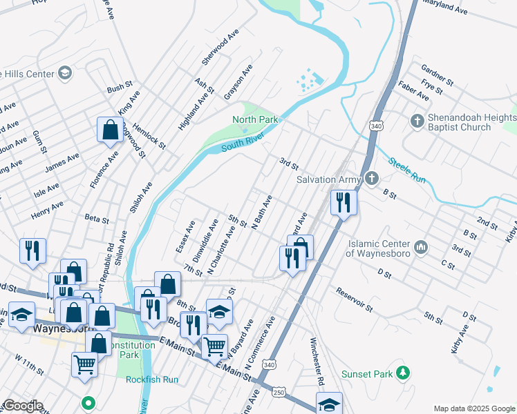 map of restaurants, bars, coffee shops, grocery stores, and more near 557 North Bath Avenue in Waynesboro