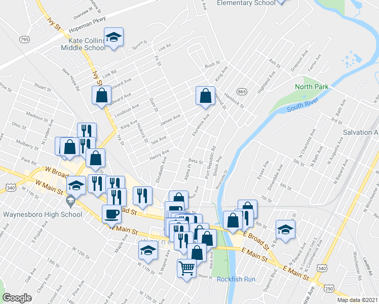map of restaurants, bars, coffee shops, grocery stores, and more near 318 Florence Ave in Waynesboro