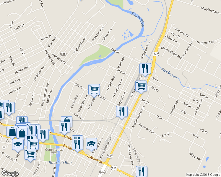 map of restaurants, bars, coffee shops, grocery stores, and more near 564 N Bath Ave in Waynesboro