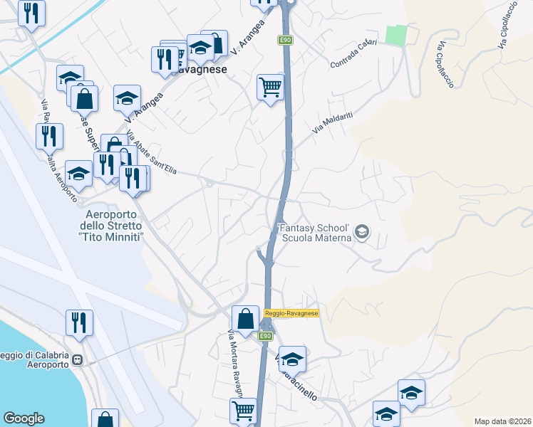 map of restaurants, bars, coffee shops, grocery stores, and more near 156-160 Via Abate Sant'Elia in Reggio Calabria