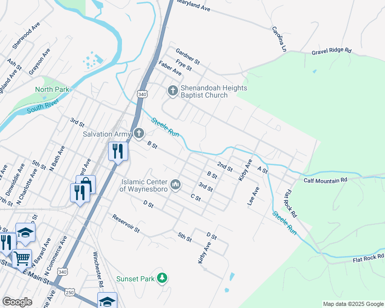 map of restaurants, bars, coffee shops, grocery stores, and more near 1300 2nd Street in Waynesboro