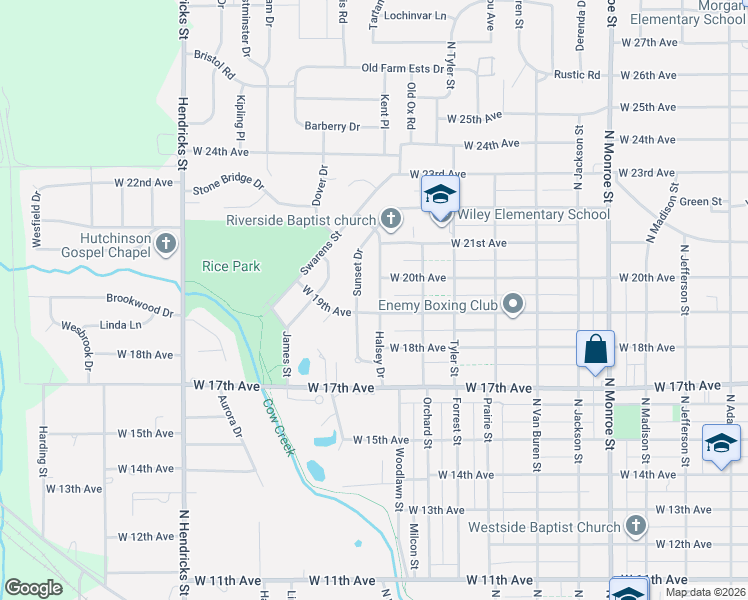 map of restaurants, bars, coffee shops, grocery stores, and more near 24 Sunset Drive in Hutchinson
