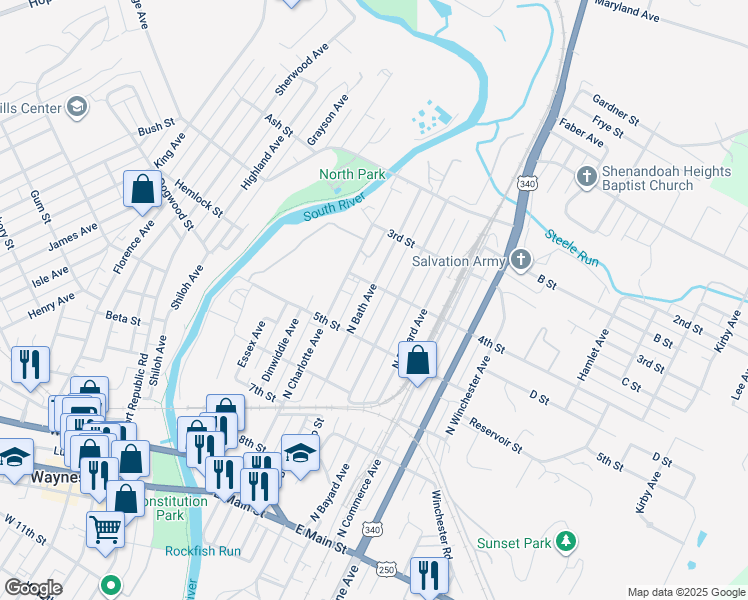map of restaurants, bars, coffee shops, grocery stores, and more near 564 North Bath Avenue in Waynesboro