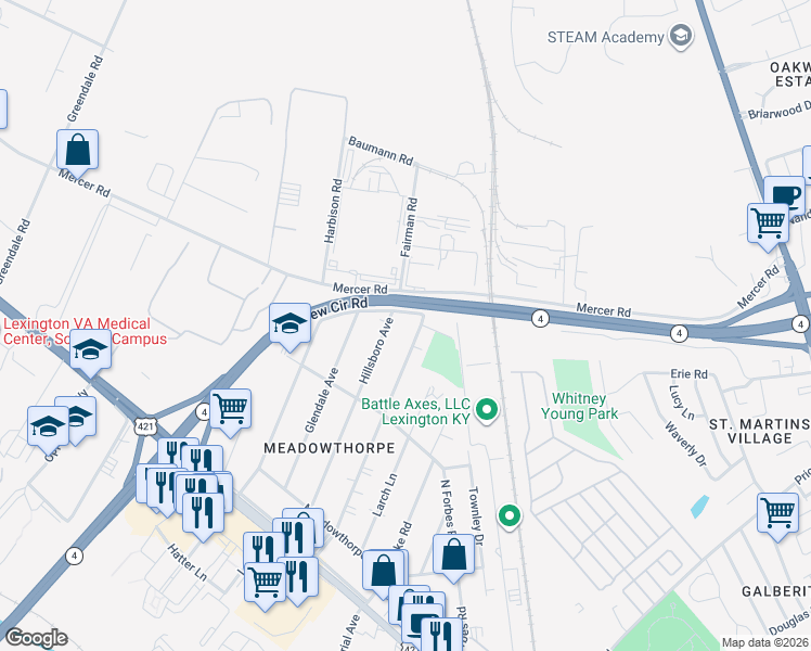 map of restaurants, bars, coffee shops, grocery stores, and more near 356 Hillsboro Avenue in Lexington