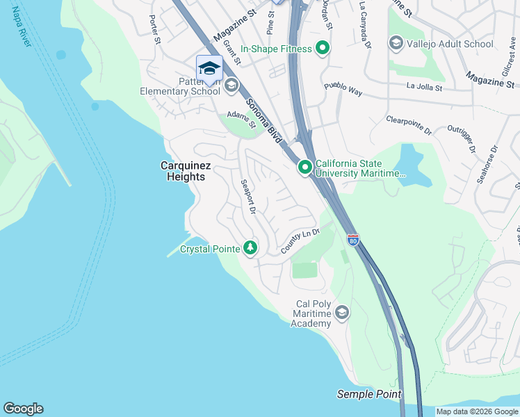 map of restaurants, bars, coffee shops, grocery stores, and more near 75 Sandy Drive in Vallejo
