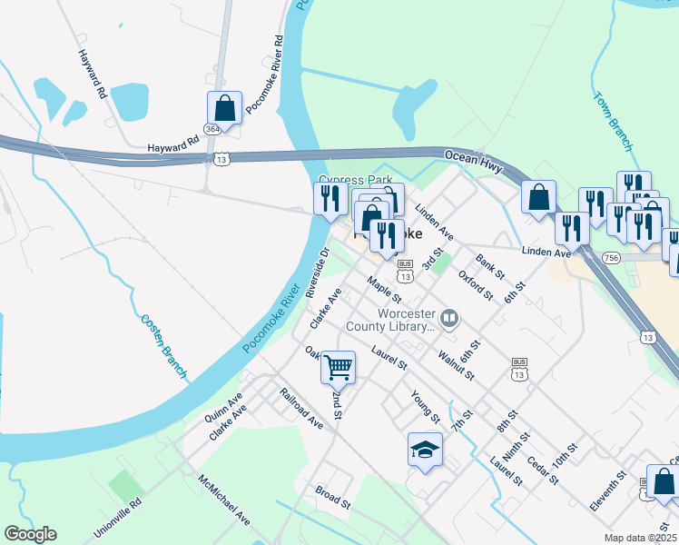 map of restaurants, bars, coffee shops, grocery stores, and more near 114 Maple Street in Pocomoke City