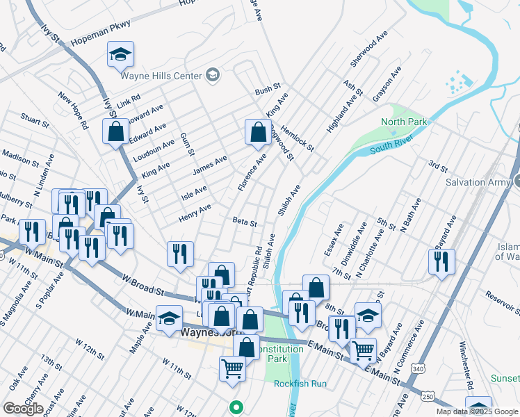 map of restaurants, bars, coffee shops, grocery stores, and more near 306 Smith Street in Waynesboro