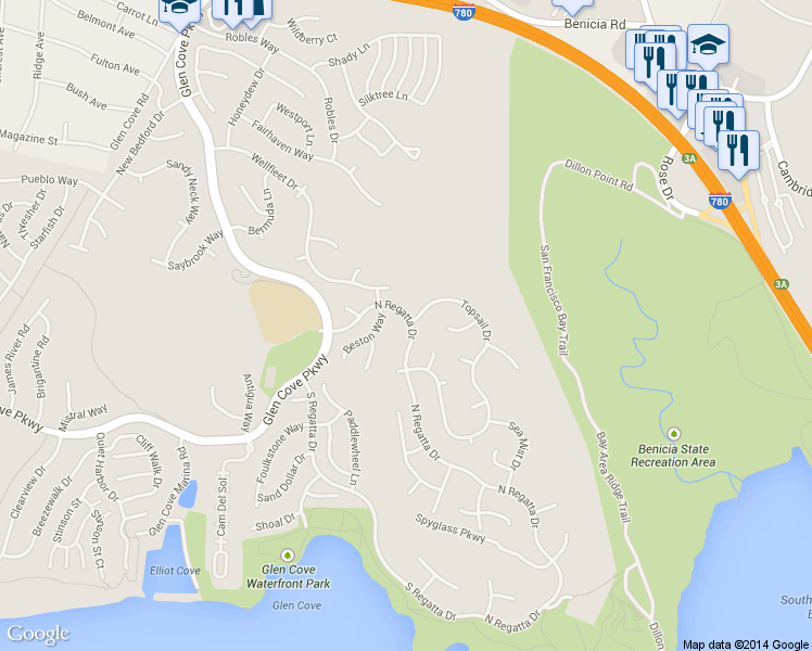 map of restaurants, bars, coffee shops, grocery stores, and more near 401 North Regatta Drive in Vallejo