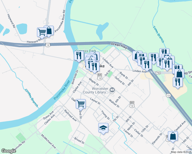 map of restaurants, bars, coffee shops, grocery stores, and more near 206 Market Street in Pocomoke City