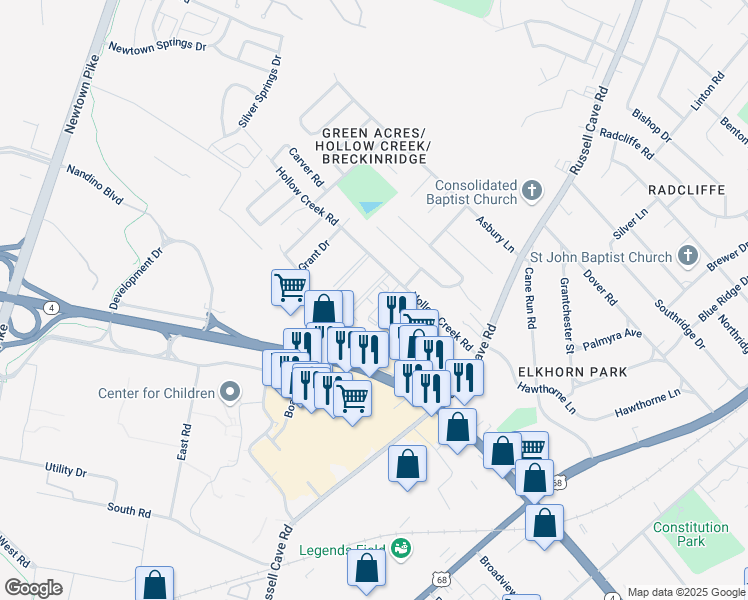 map of restaurants, bars, coffee shops, grocery stores, and more near 522 Hollow Creek Road in Lexington