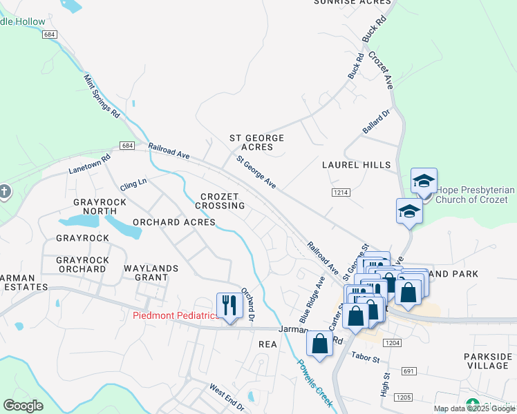 map of restaurants, bars, coffee shops, grocery stores, and more near 5982 Cling Lane in Crozet