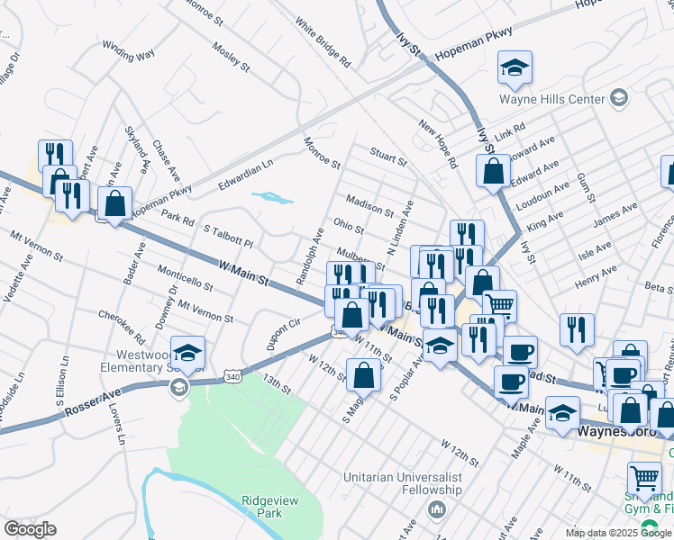 map of restaurants, bars, coffee shops, grocery stores, and more near 1613 Park Road in Waynesboro