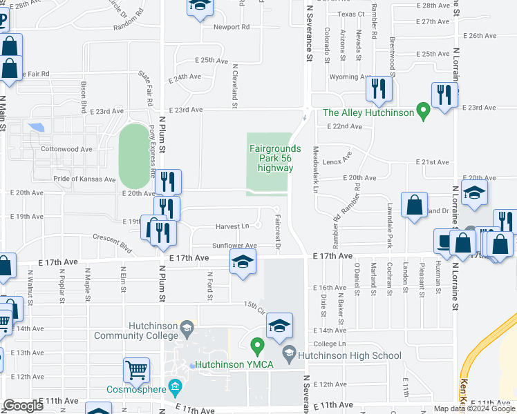 map of restaurants, bars, coffee shops, grocery stores, and more near 53 Faircrest Drive in Hutchinson