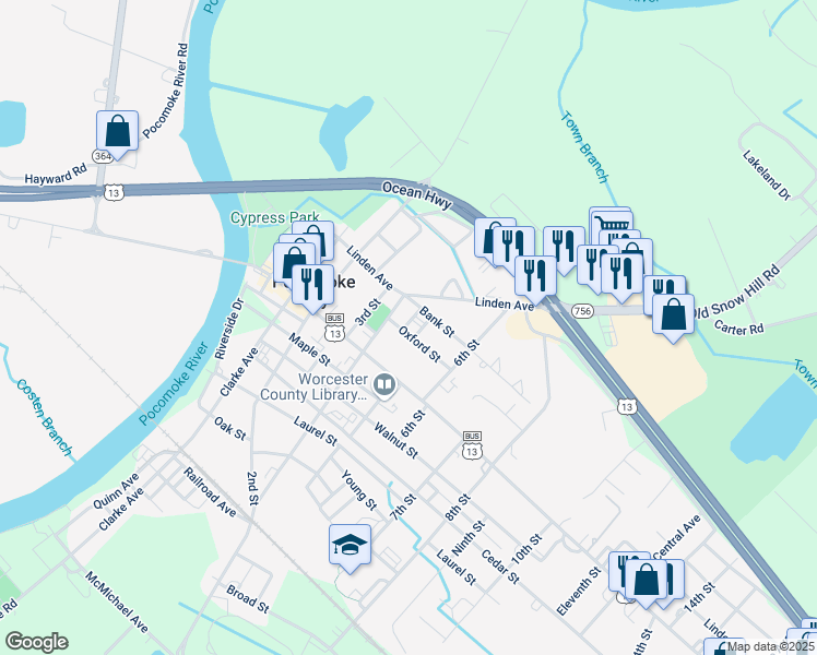 map of restaurants, bars, coffee shops, grocery stores, and more near 409 Oxford Street in Pocomoke City