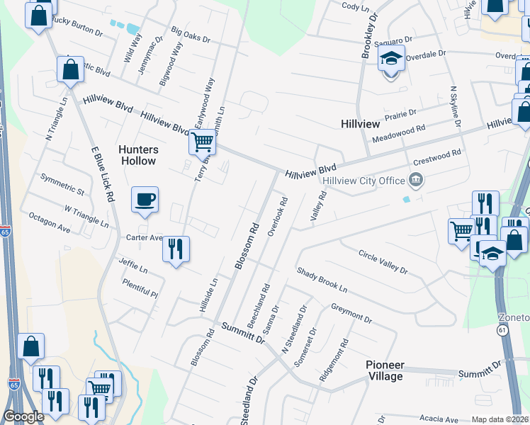 map of restaurants, bars, coffee shops, grocery stores, and more near 244 Blossom Road in Louisville
