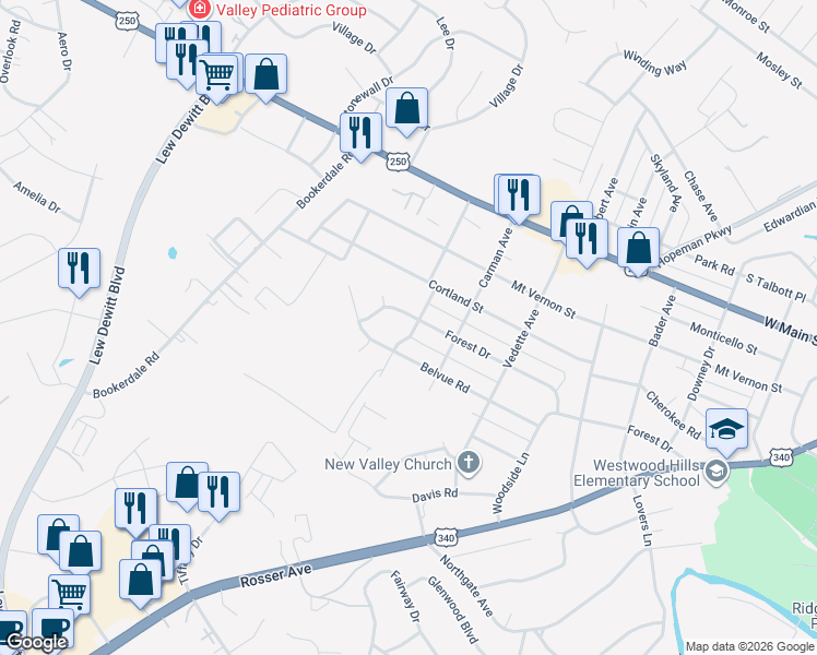 map of restaurants, bars, coffee shops, grocery stores, and more near 2400 Forest Dr in Waynesboro