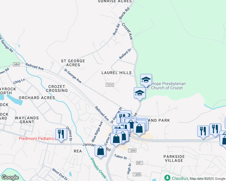 map of restaurants, bars, coffee shops, grocery stores, and more near 1413 Birchwood Drive in Crozet