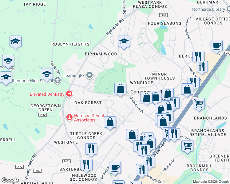 map of restaurants, bars, coffee shops, grocery stores, and more near 260 Albert Court in Charlottesville
