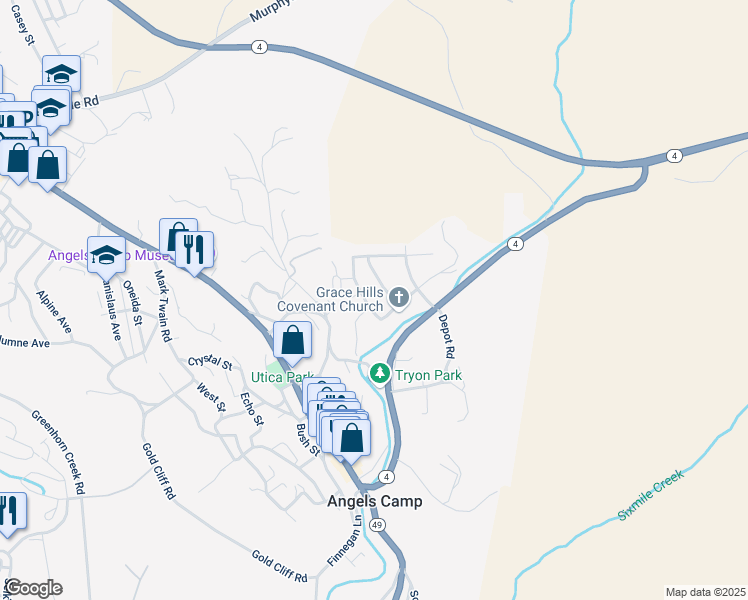map of restaurants, bars, coffee shops, grocery stores, and more near 1205 Suzanne Dr in Angels Camp