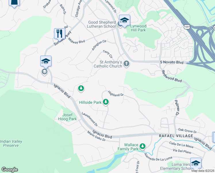 map of restaurants, bars, coffee shops, grocery stores, and more near 604 Claire Court in Novato