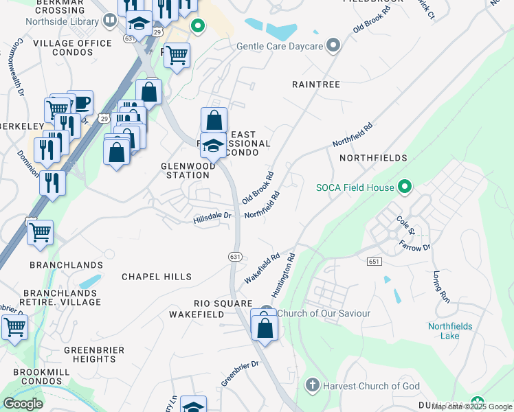 map of restaurants, bars, coffee shops, grocery stores, and more near 2407-2409 Northfield Road in Charlottesville