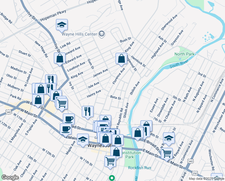 map of restaurants, bars, coffee shops, grocery stores, and more near 318 Florence Ave in Waynesboro