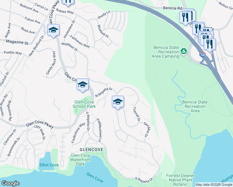map of restaurants, bars, coffee shops, grocery stores, and more near North Regatta Drive & Topsail Drive in Vallejo