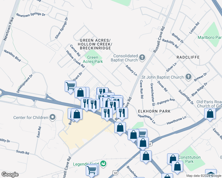 map of restaurants, bars, coffee shops, grocery stores, and more near 453 Hollow Creek Road in Lexington