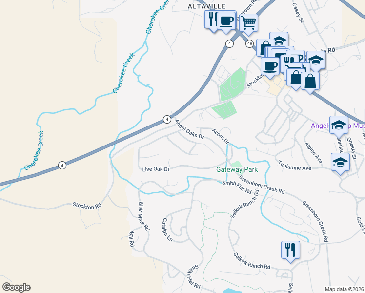 map of restaurants, bars, coffee shops, grocery stores, and more near 147 Rocky Ridge Lane in Angels Camp