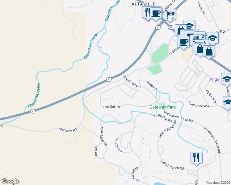 map of restaurants, bars, coffee shops, grocery stores, and more near 527 Live Oak Court in Angels Camp