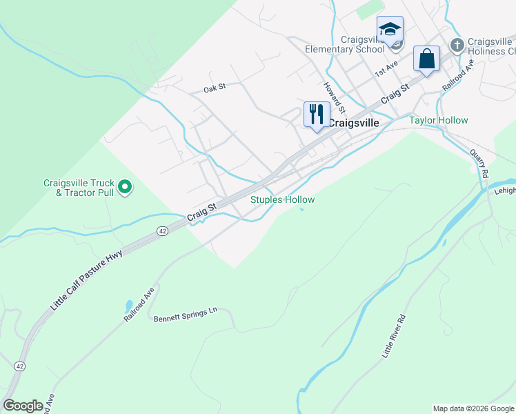 map of restaurants, bars, coffee shops, grocery stores, and more near Railroad Avenue in Craigsville