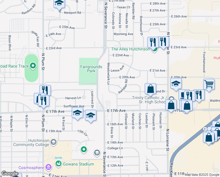 map of restaurants, bars, coffee shops, grocery stores, and more near 16 Meadowlark Lane in Hutchinson