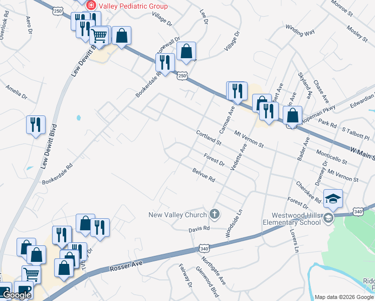 map of restaurants, bars, coffee shops, grocery stores, and more near 2400 Forest Drive in Waynesboro