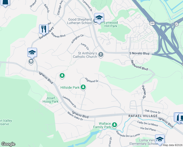 map of restaurants, bars, coffee shops, grocery stores, and more near 209 Judith Court in Novato