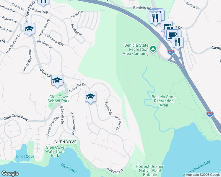 map of restaurants, bars, coffee shops, grocery stores, and more near 964 Topsail Drive in Vallejo
