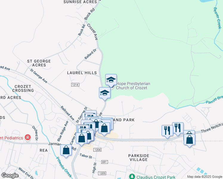 map of restaurants, bars, coffee shops, grocery stores, and more near 1407 Crozet Avenue in Crozet
