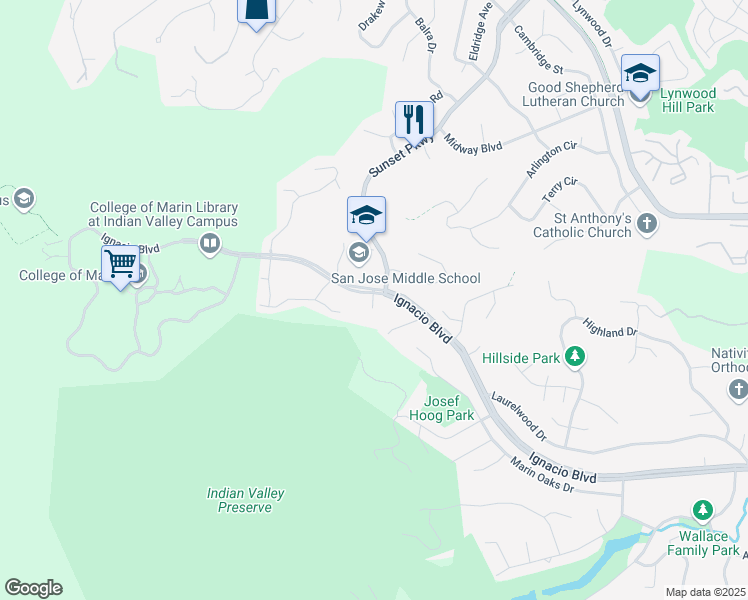 map of restaurants, bars, coffee shops, grocery stores, and more near 1715 Ignacio Boulevard in Novato
