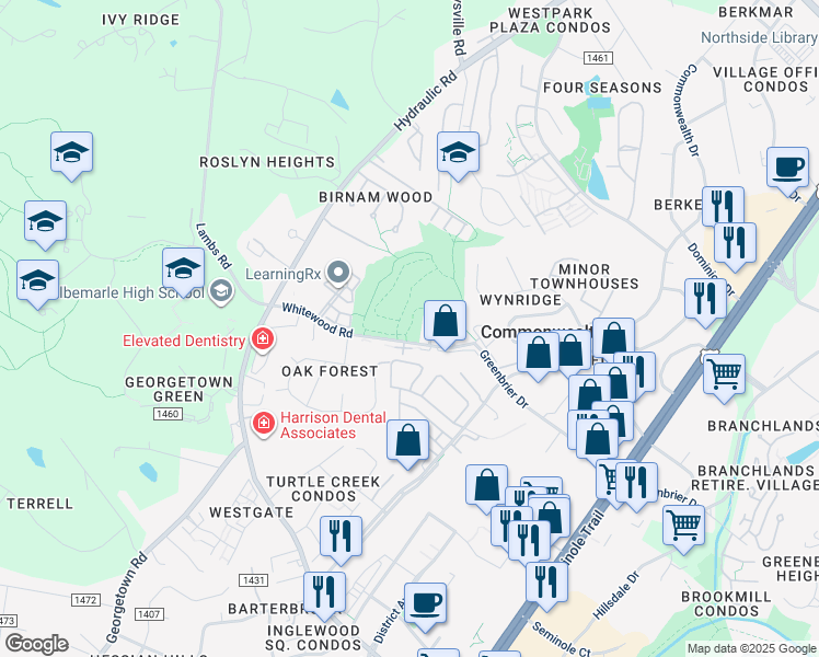 map of restaurants, bars, coffee shops, grocery stores, and more near 180 Whitewood Road in Charlottesville